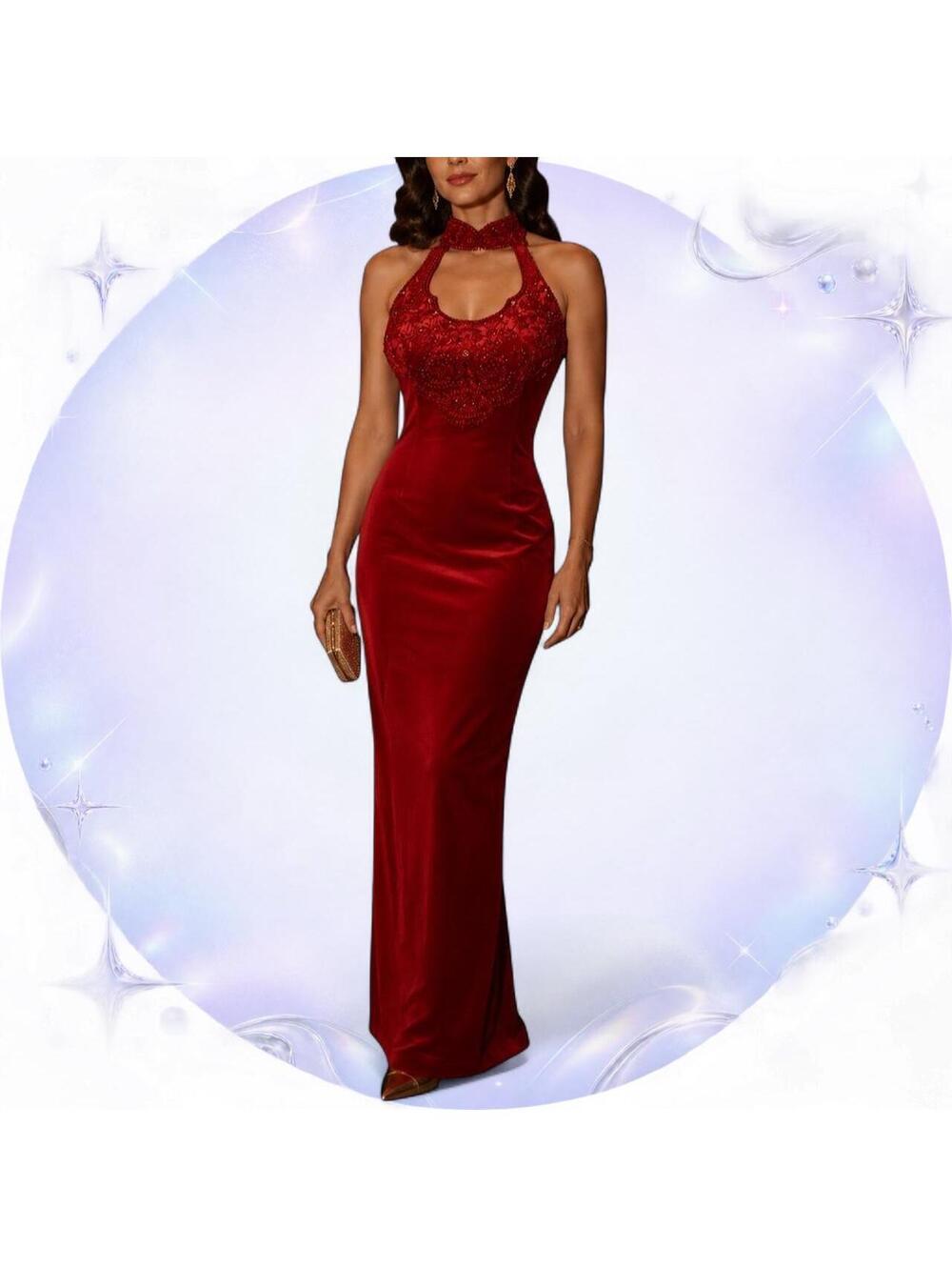 Vintage Alyce Designs Ruby Red Velvet Beaded Halter Gown Size 10